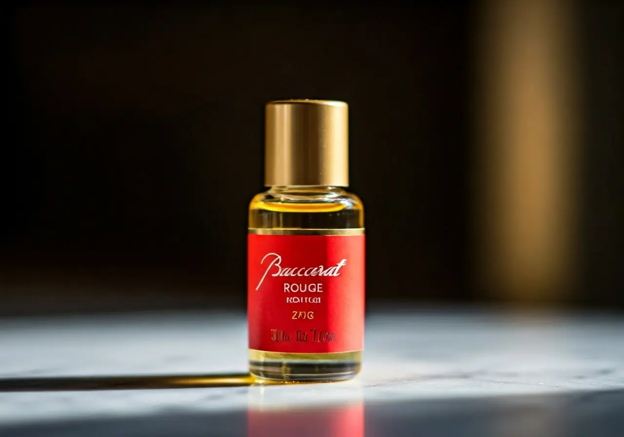 A small bottle of Baccarat Rouge oil on a marble surface. 35mm stock photo