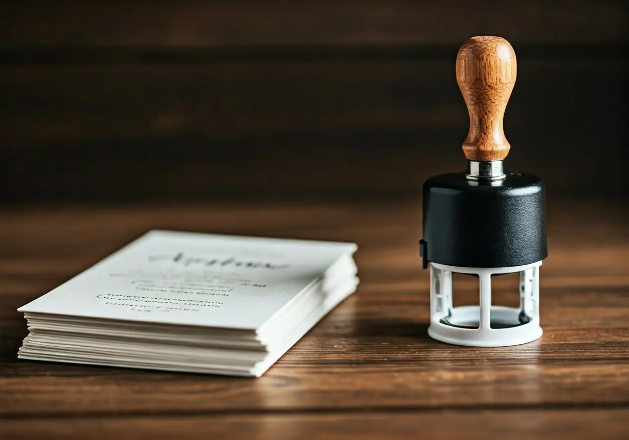 A custom rubber stamper next to a stack of invitations. 35mm stock photo