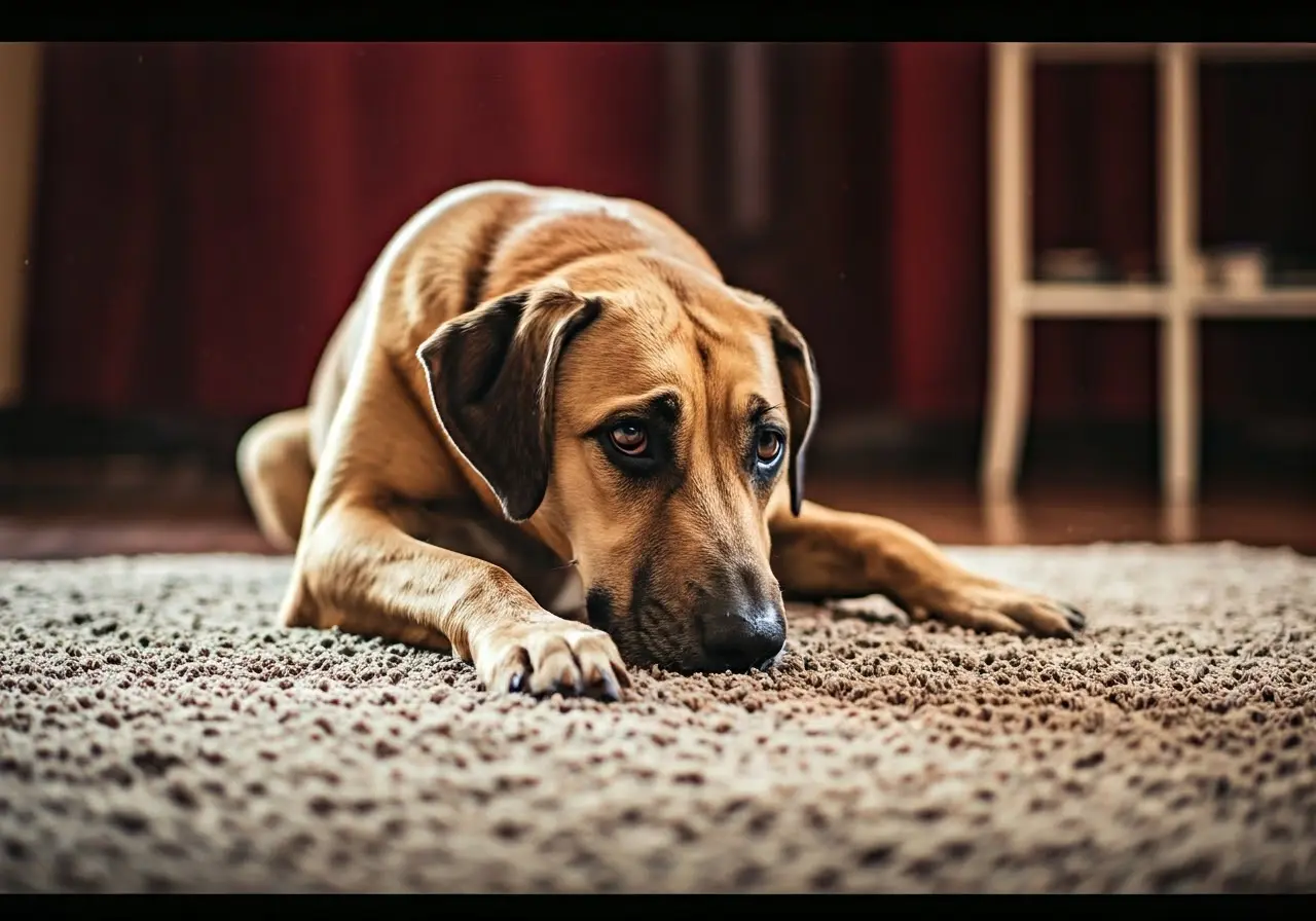 A calm dog lying on a soft, plush carpet. 35mm stock photo