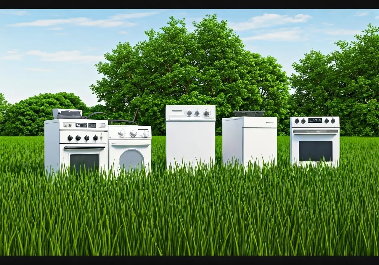 A grassy field with old appliances ready for recycling. 35mm stock photo