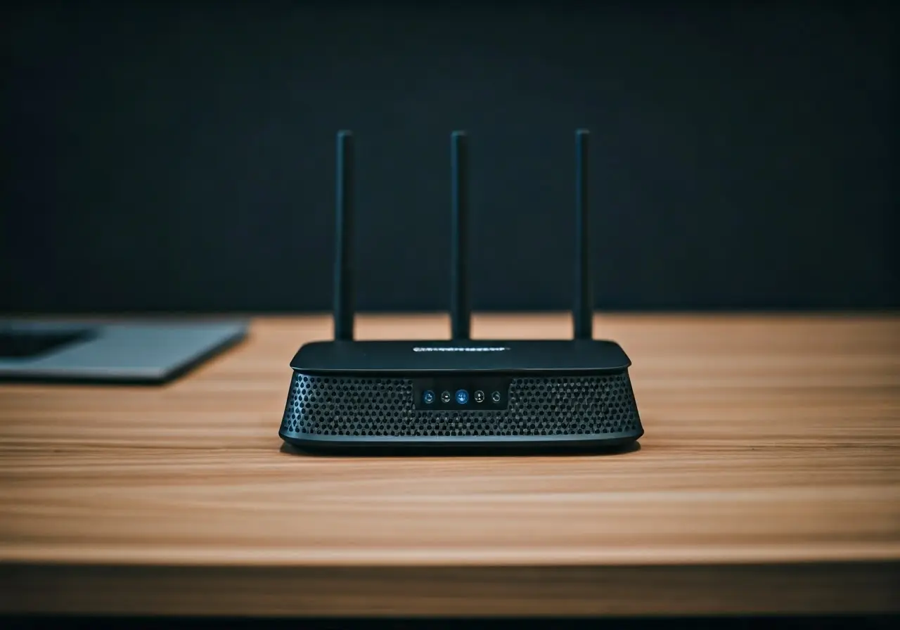 A modern Cradlepoint router on a sleek office desk. 35mm stock photo