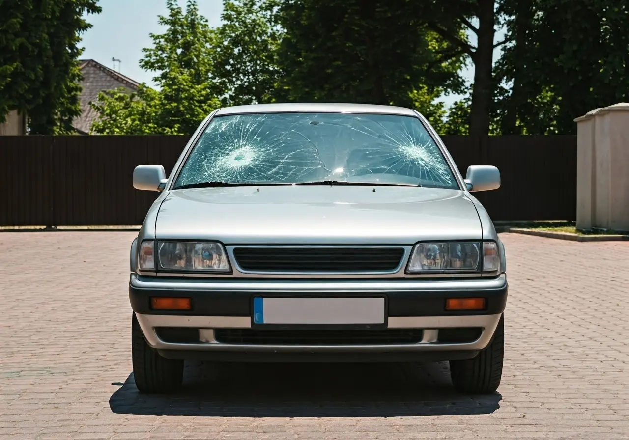 A car with a cracked windshield in a sunny driveway. Windshield Repair