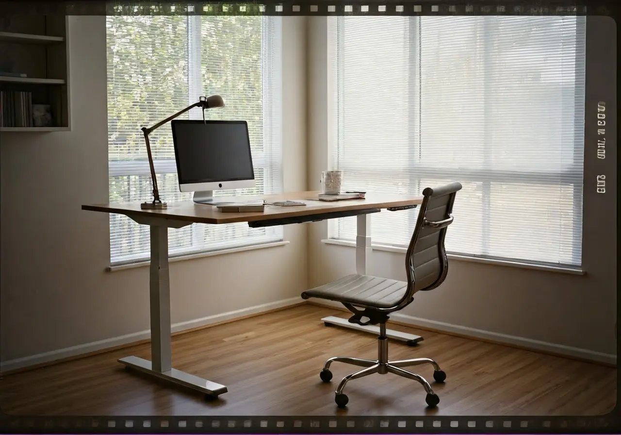 A modern standing desk in a bright, minimalist home office. 35mm stock photo