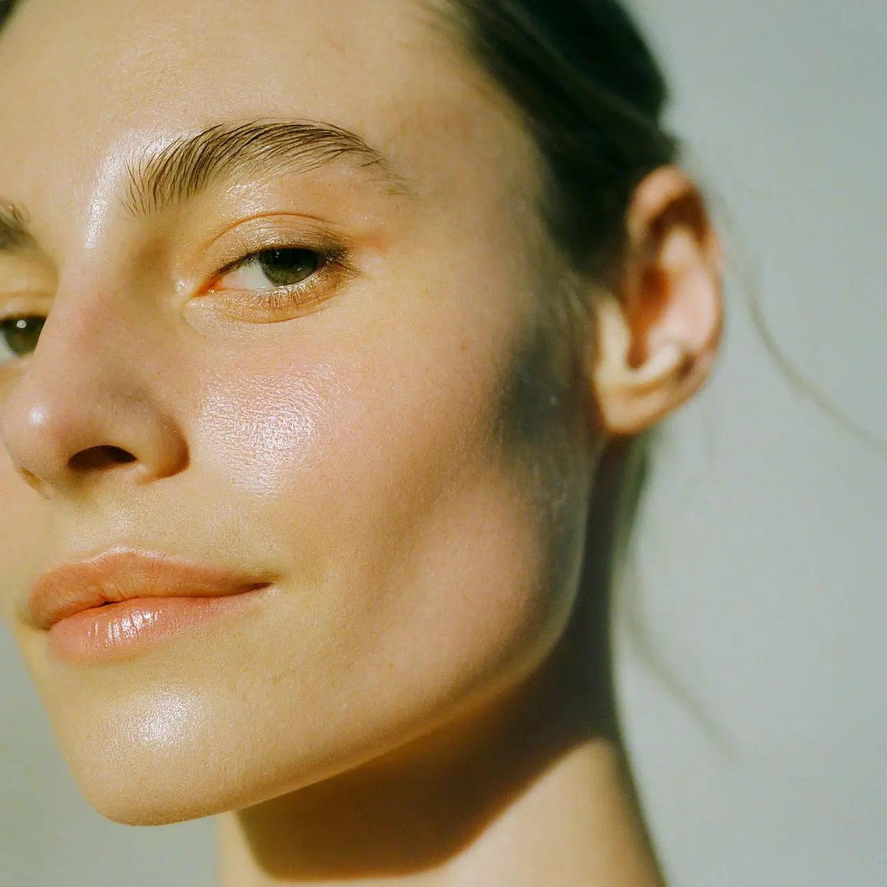 Close-up of a radiant, healthy-looking facial skin. 35mm stock photo