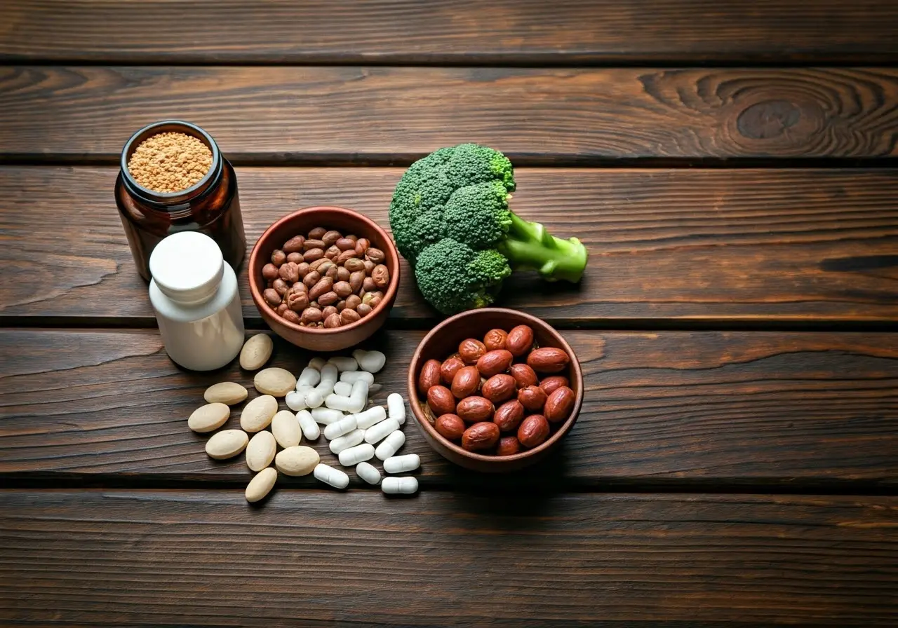 Healthy foods and supplements arranged on a wooden table. 35mm stock photo