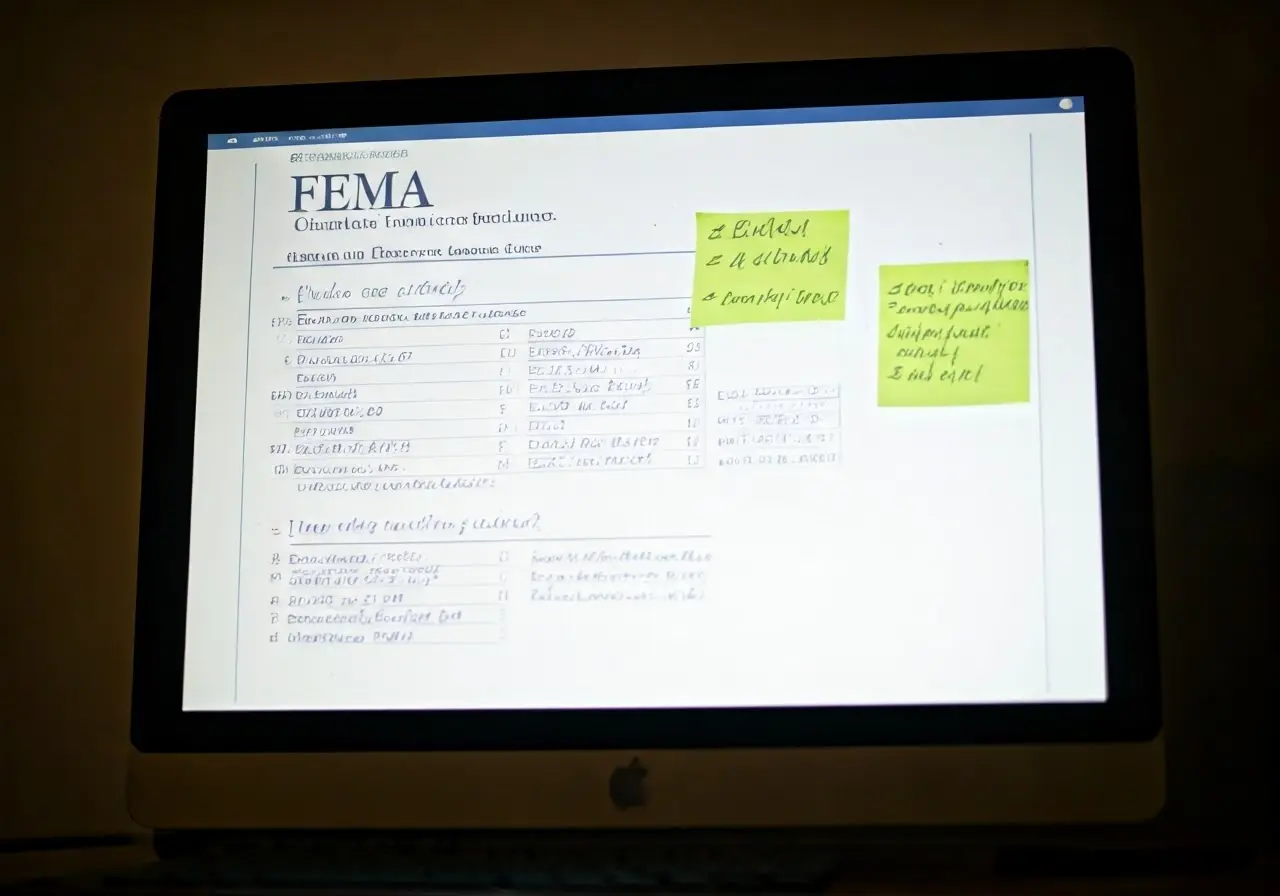 A FEMA quiz on a computer screen with notes. 35mm stock photo