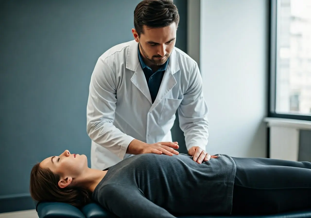 A chiropractor gently adjusting a patient’s spine in a clinic. 35mm stock photo