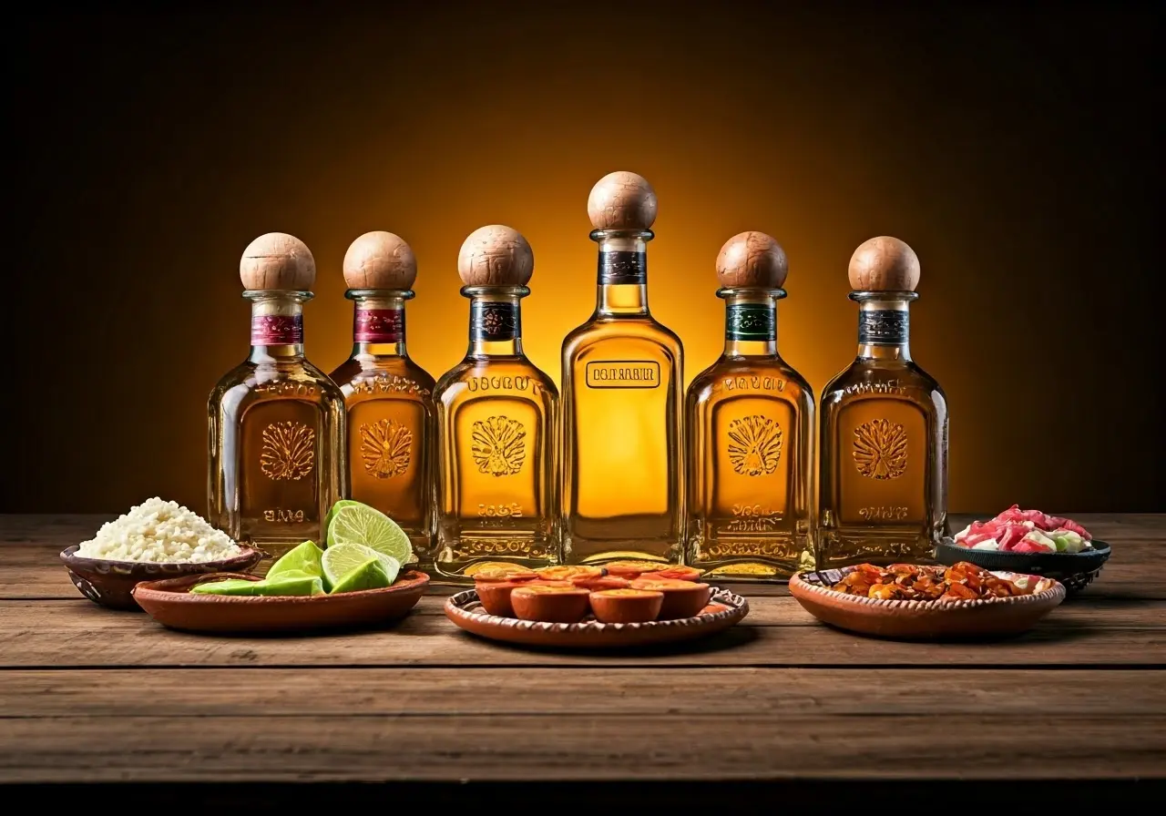 Assortment of tequila bottles with traditional Mexican dishes. 35mm stock photo