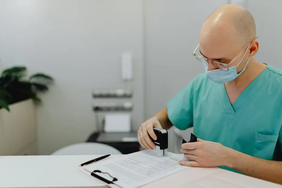 Medical professional in scrubs reviewing documents at an office desk.