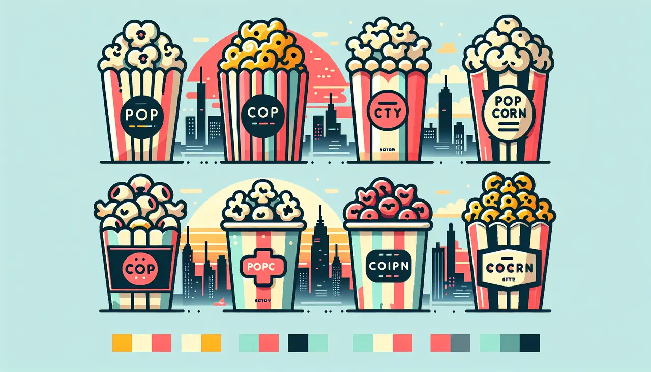 Draw a graphic in flat design style. An assortment of colorful popcorn bags labeled with unique flavors, set against a backdrop of Denver’s skyline in Flat Design Style.