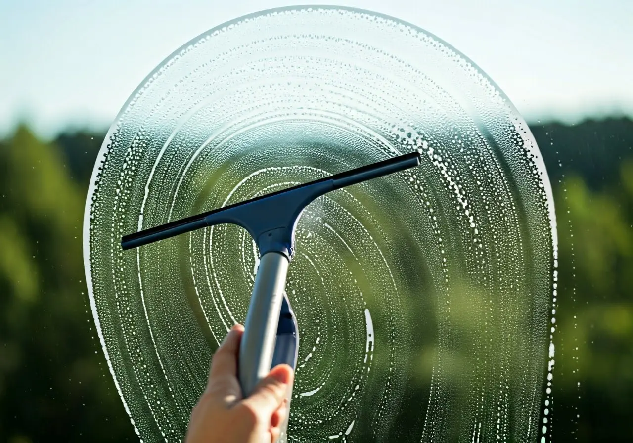 A squeegee cleaning a sparkling clear window. 35mm stock photo