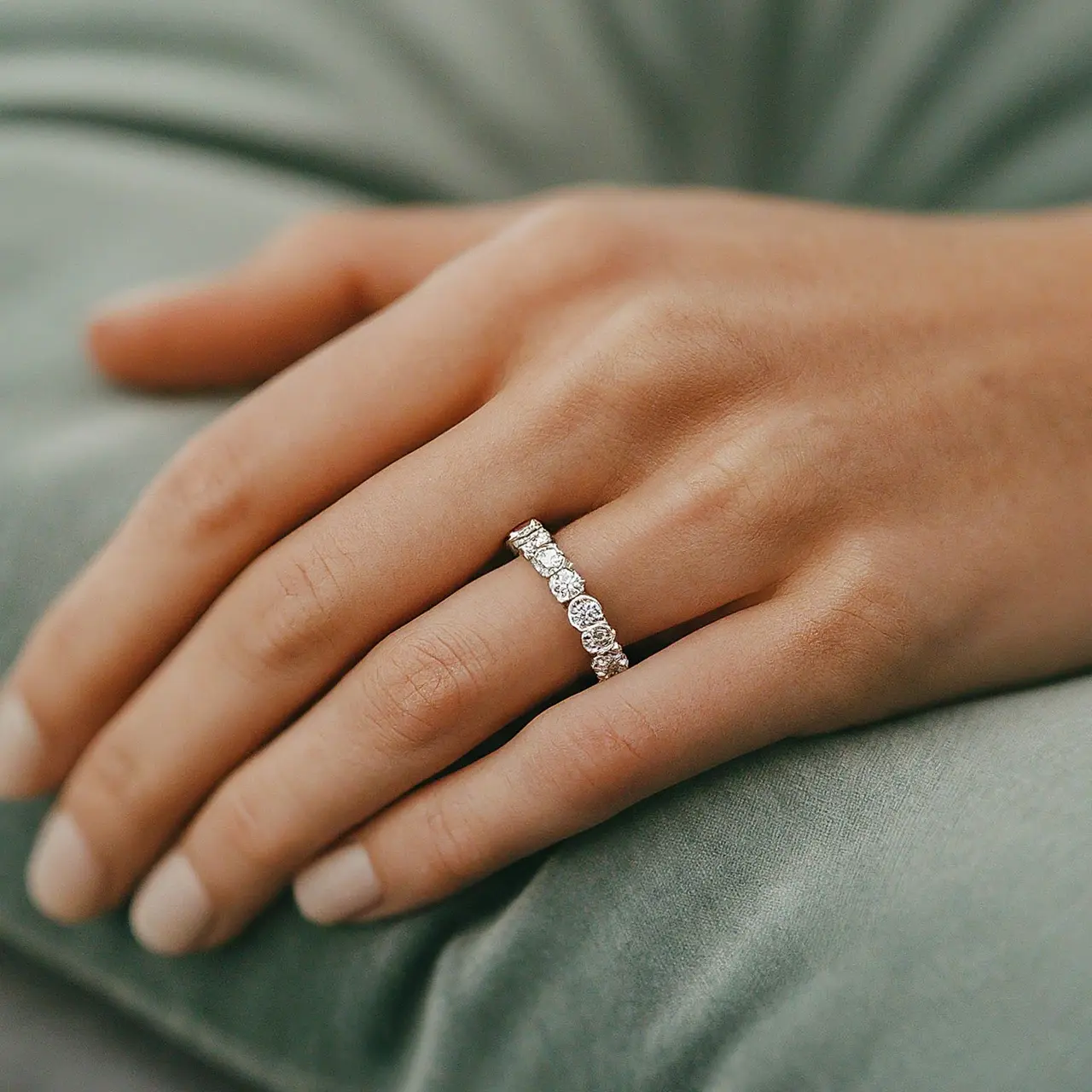 A close-up of a diamond eternity band on a cushion. 35mm stock photo