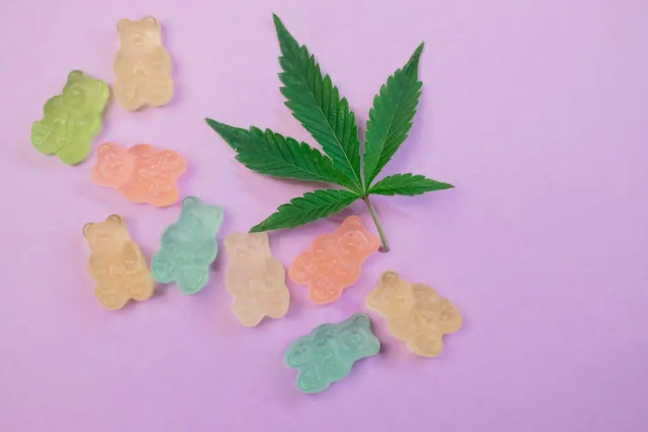 Vibrant gummy bears and a cannabis leaf on a pastel background, symbolizing cannabis edibles.