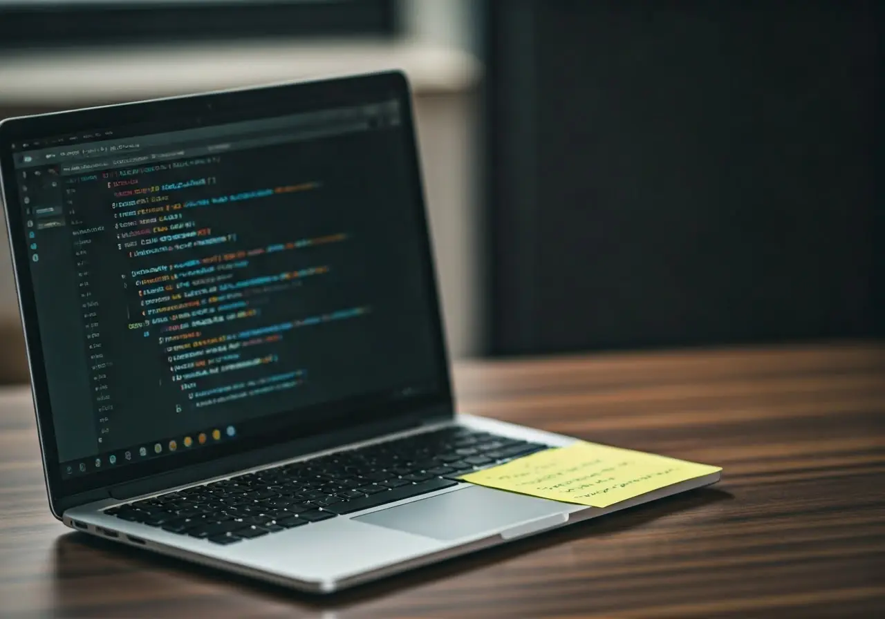 A laptop displaying code with a brainstorming note beside it. 35mm stock photo