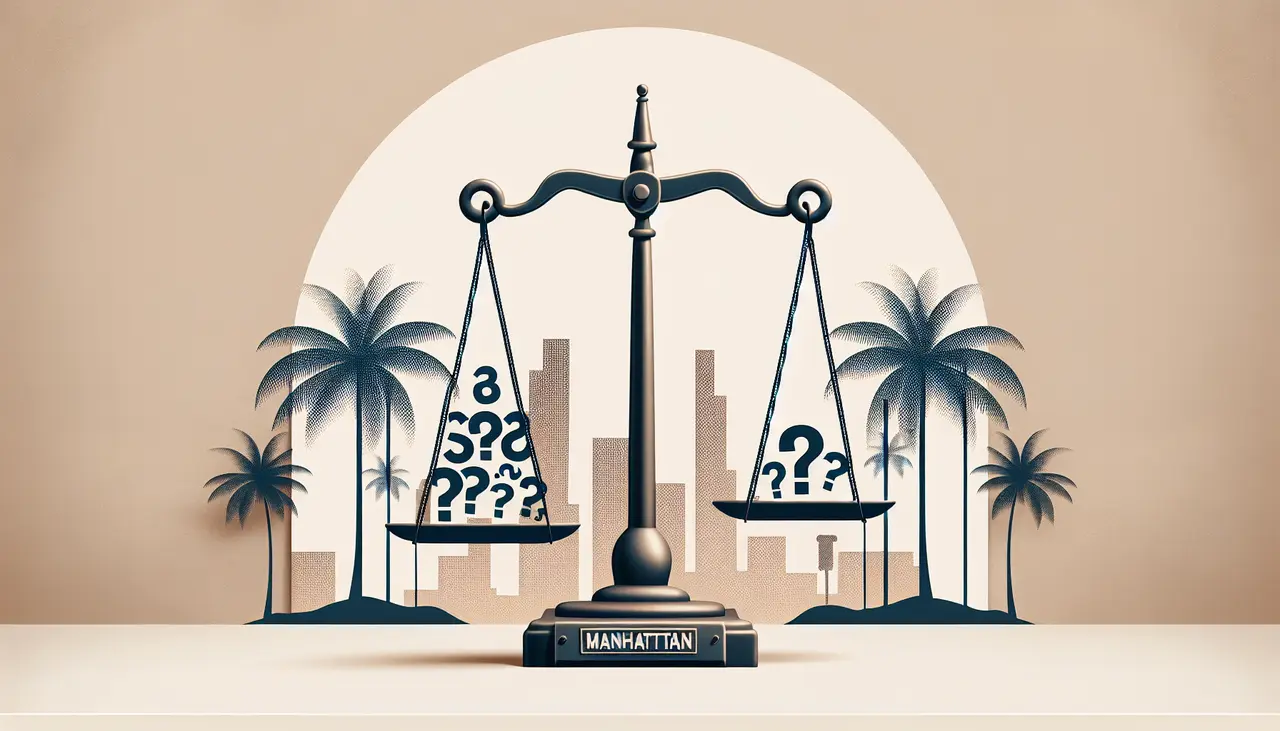 Draw a graphic in flat design style. A flat design image of a scale balancing legal symbols and question marks, set against a simple background with palm trees to represent Manhattan Beach.