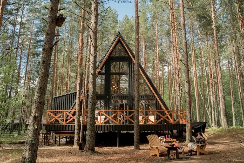 A-frame cabin nestled among pine trees with outdoor seating, perfect for relaxation and nature getaways.