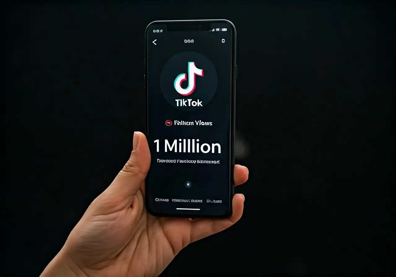 Smartphone screen displaying TikTok app with 1 million views. 35mm stock photo