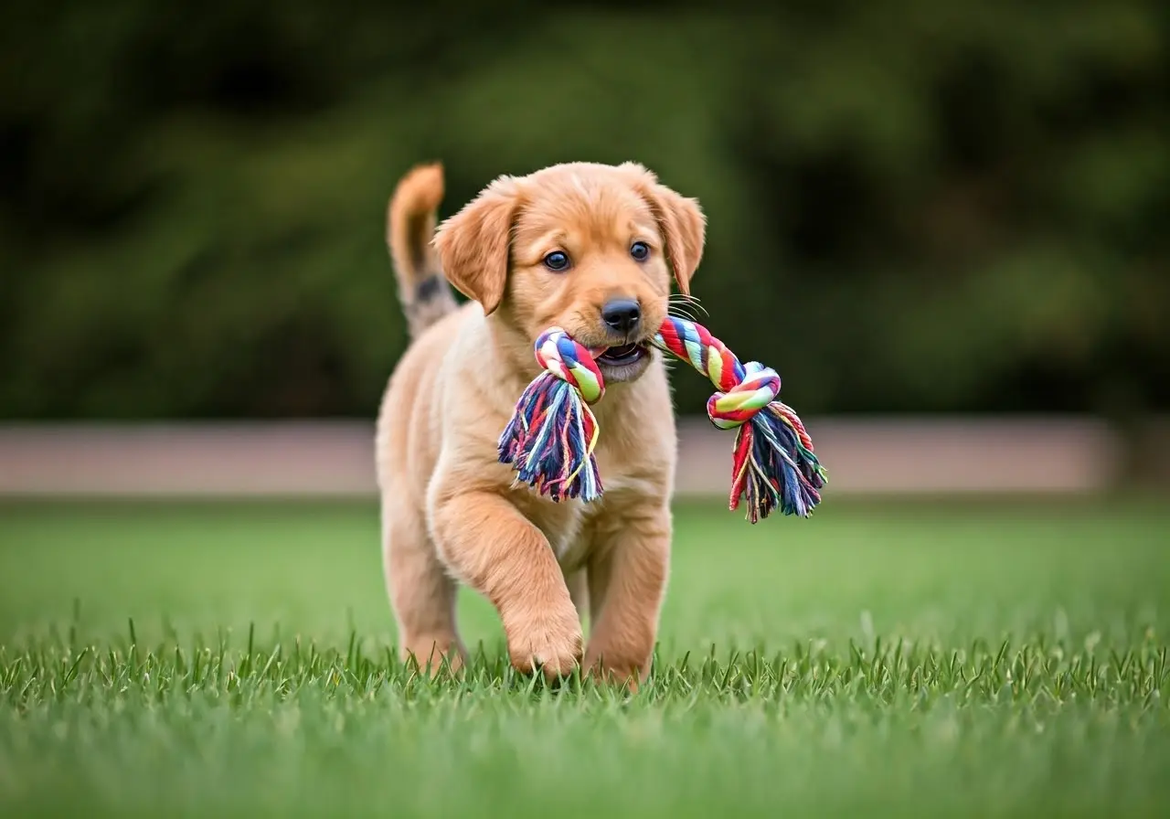 A playful puppy retrieving a colorful toy outdoors. 35mm stock photo