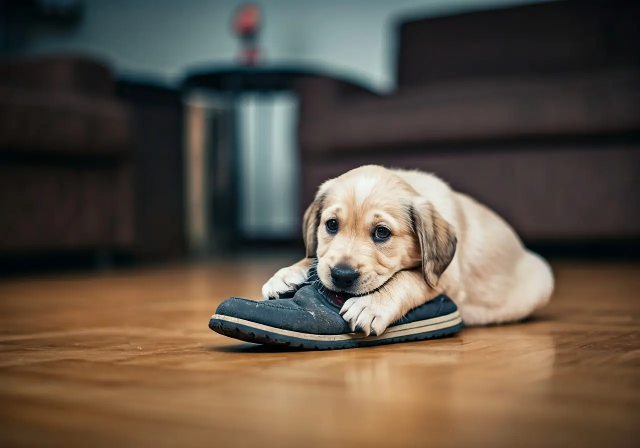 A playful puppy chewing on a shoe in a living room. 35mm stock photo