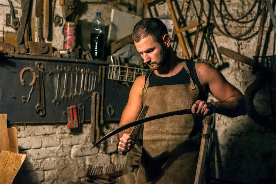 Focused artisan blacksmith shaping a blade in a rustic workshop setting.