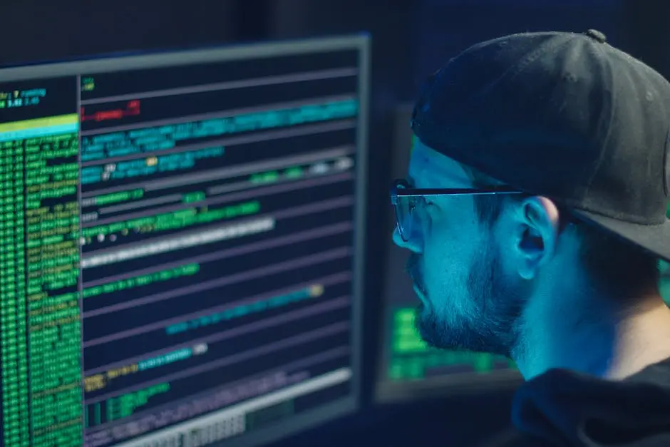 A cybersecurity expert inspecting lines of code on multiple monitors in a dimly lit office.