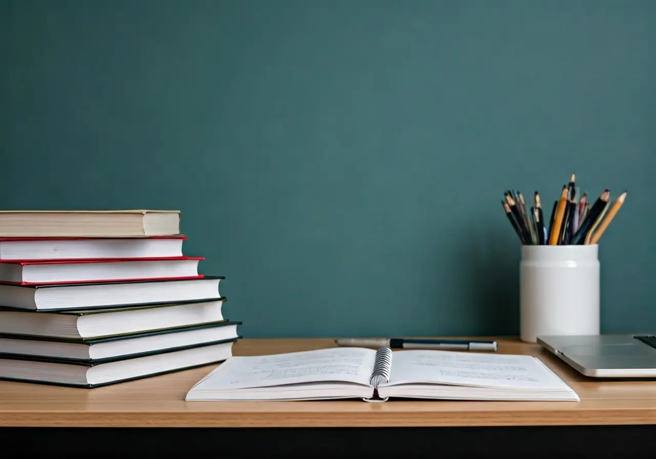 A neatly organized study desk with textbooks and a laptop. 35mm stock photo