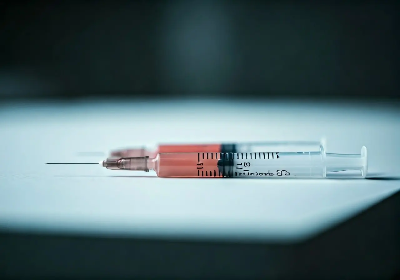 A close-up of lip filler syringes on a clean table. 35mm stock photo