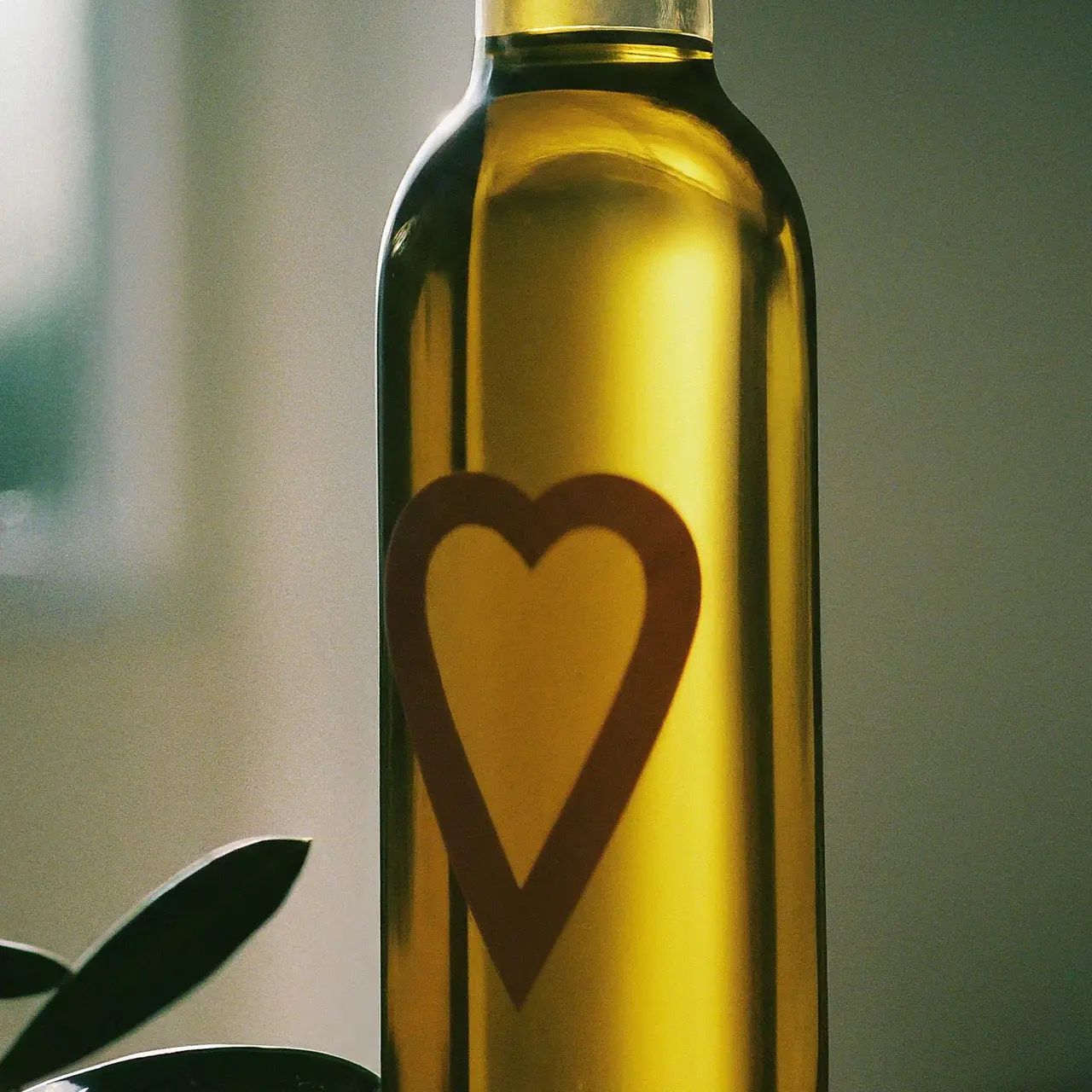 A bottle of olive oil with a heart-shaped label. 35mm stock photo