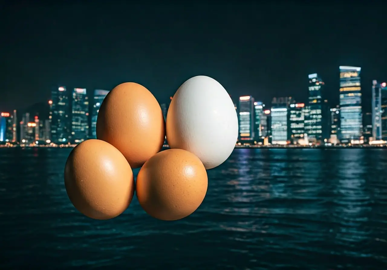 A close-up of Hong Kong egglets with Singapore skyline. 35mm stock photo