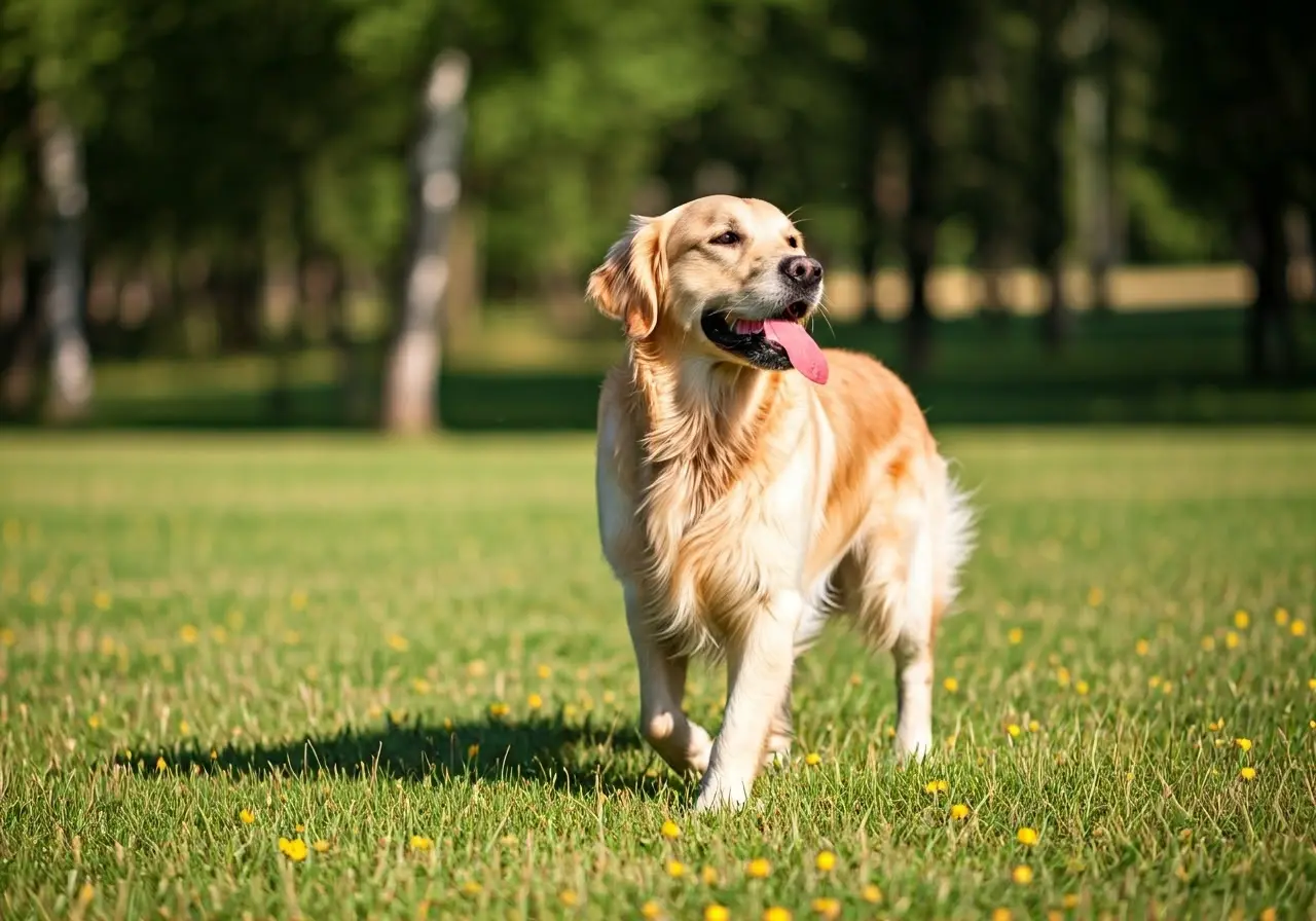 A golden retriever practicing obedience commands in a sunny park. 35mm stock photo