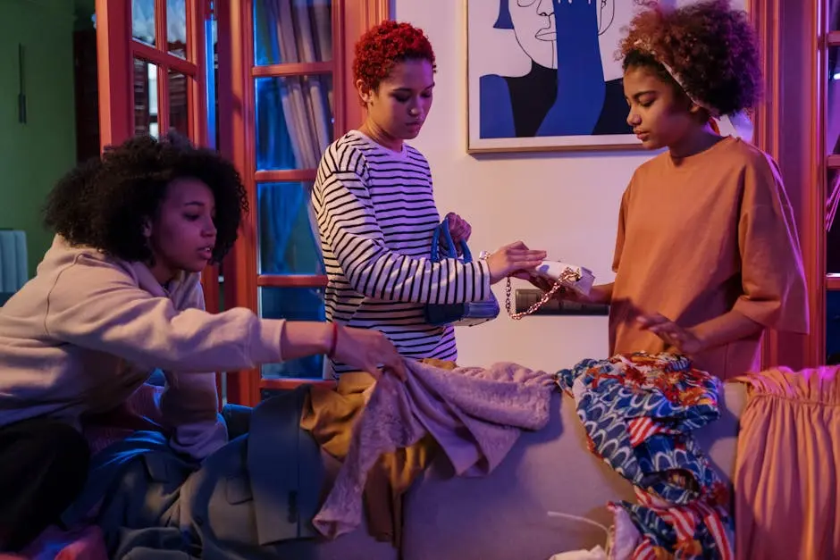 Group of Friends Browsing Through a Pile of Clothes