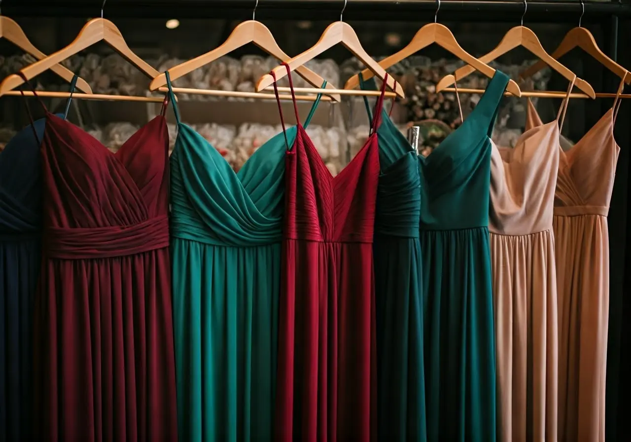 A row of colorful bridesmaid dresses hanging on a rack. 35mm stock photo