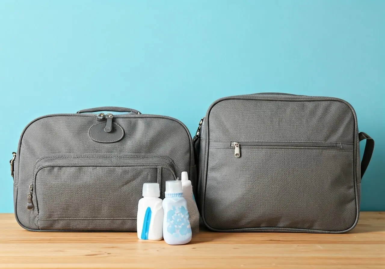 Travel bags packed with essentials for a baby’s short trip. 35mm stock photo