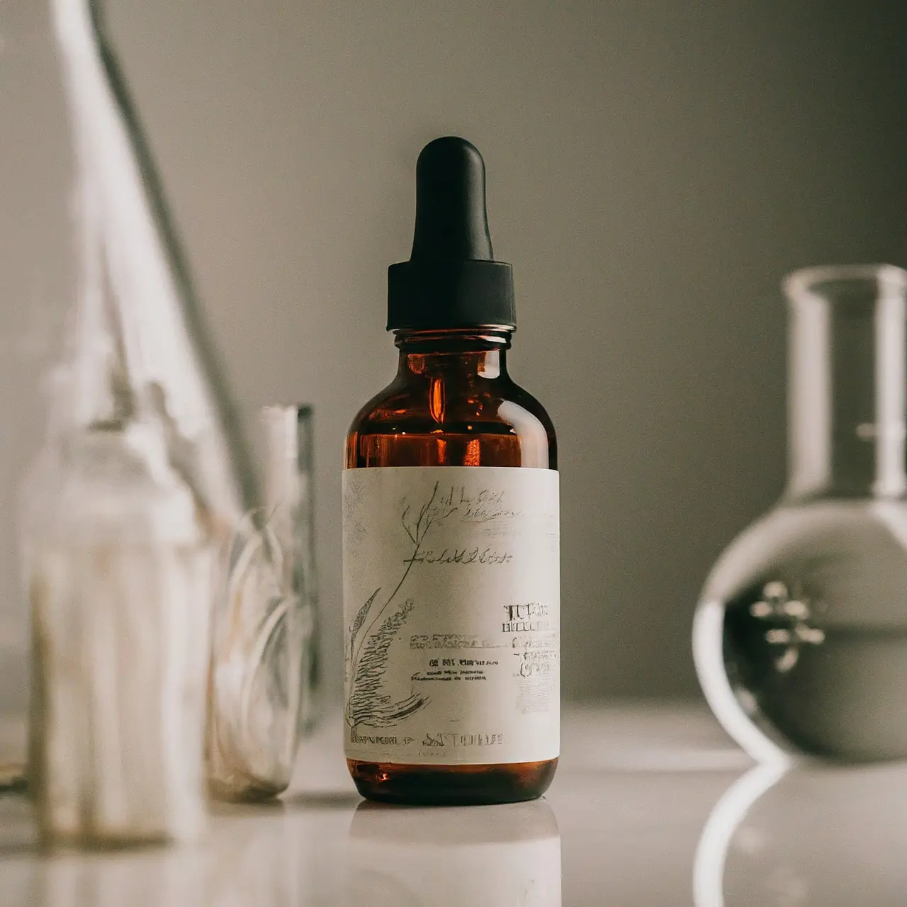 A bottle of rejuvenating serum with scientific elements in background. 35mm stock photo