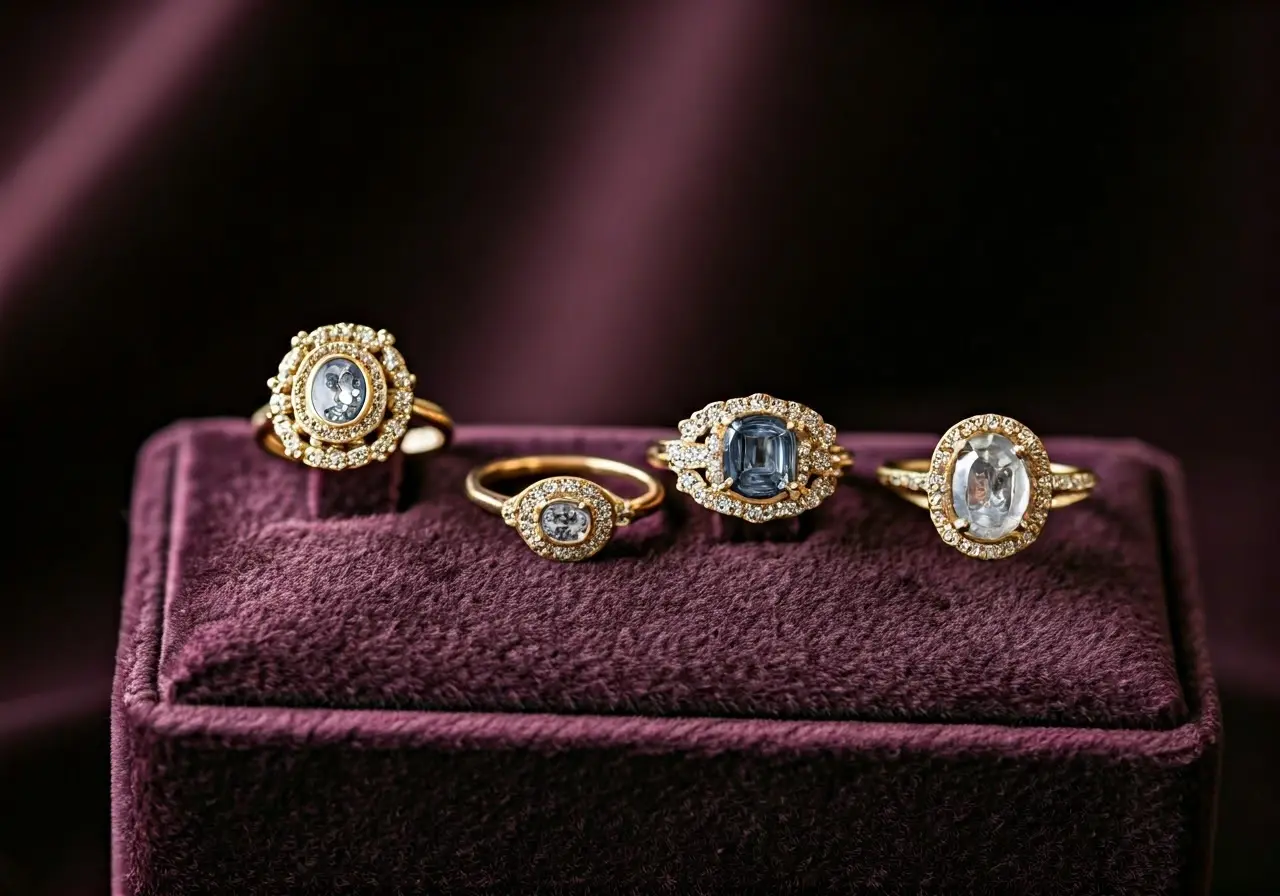 A set of elegant 24k gold rings displayed on velvet. 35mm stock photo