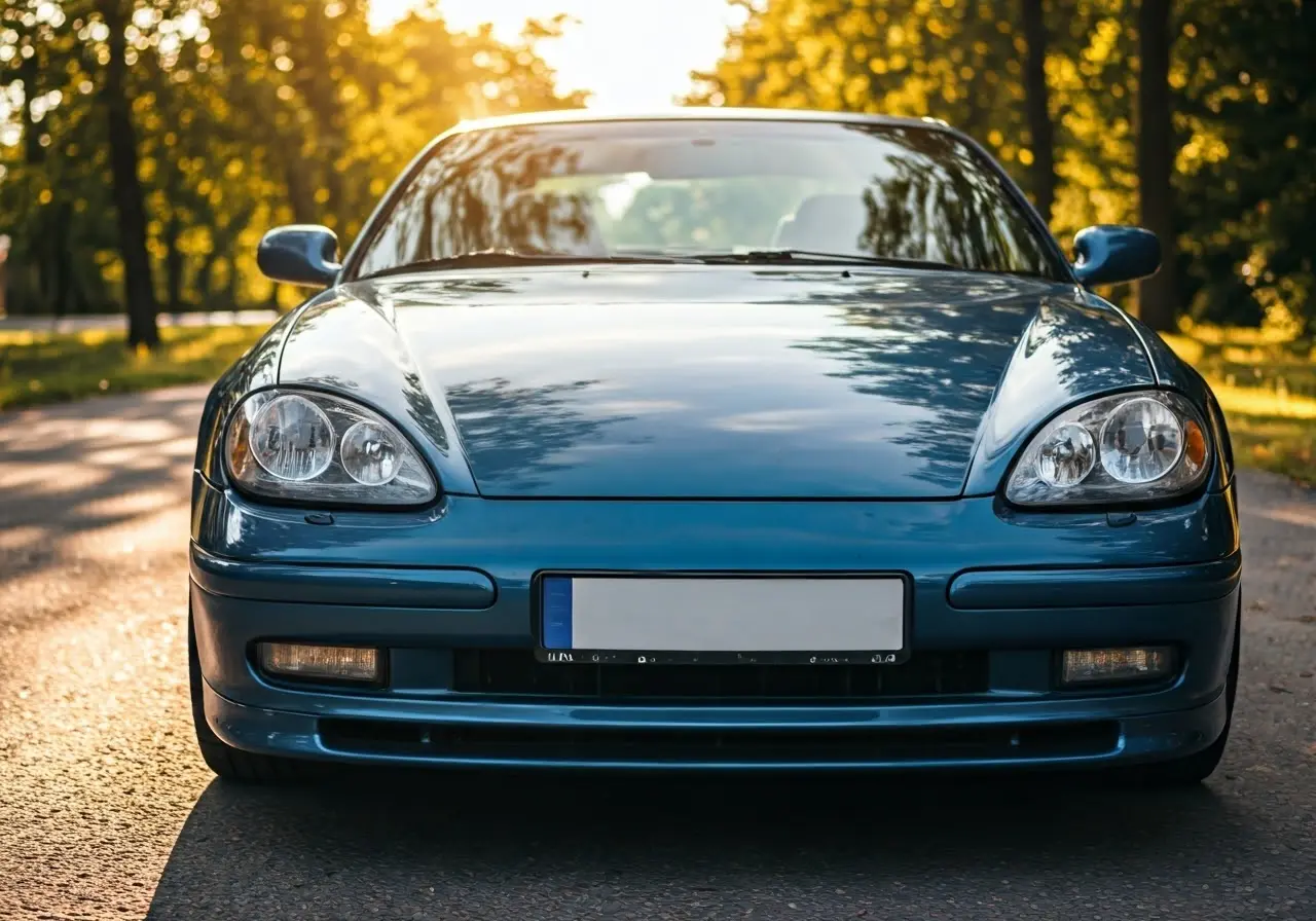 A shiny, detailed car reflecting sunlight on a summer day. 35mm stock photo