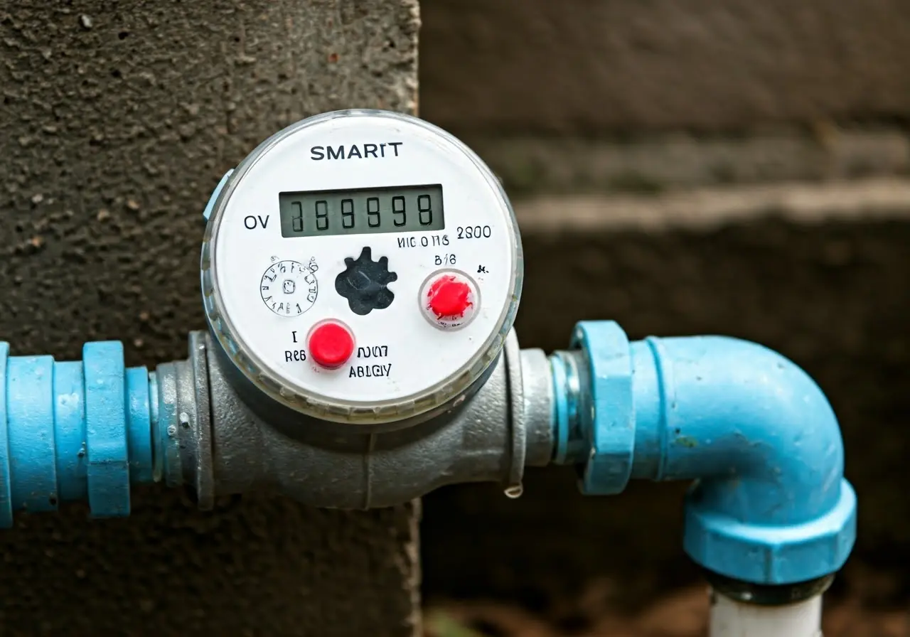 Smart water meter next to a leaking pipe. 35mm stock photo