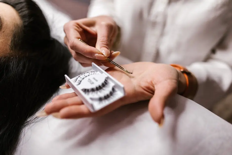 Close-up of an eyelash extension application using tweezers, featuring a beautician’s hands.