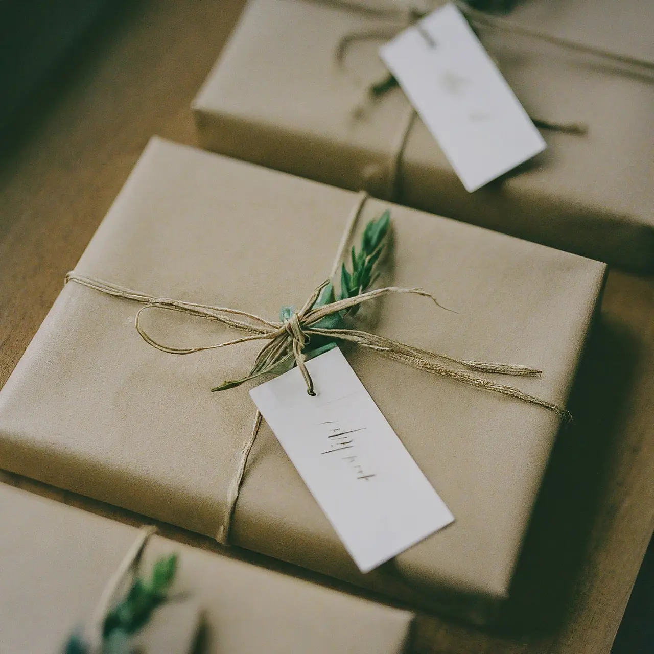 Close-up of beautifully wrapped personalized wedding gifts with elegant tags. 35mm stock photo