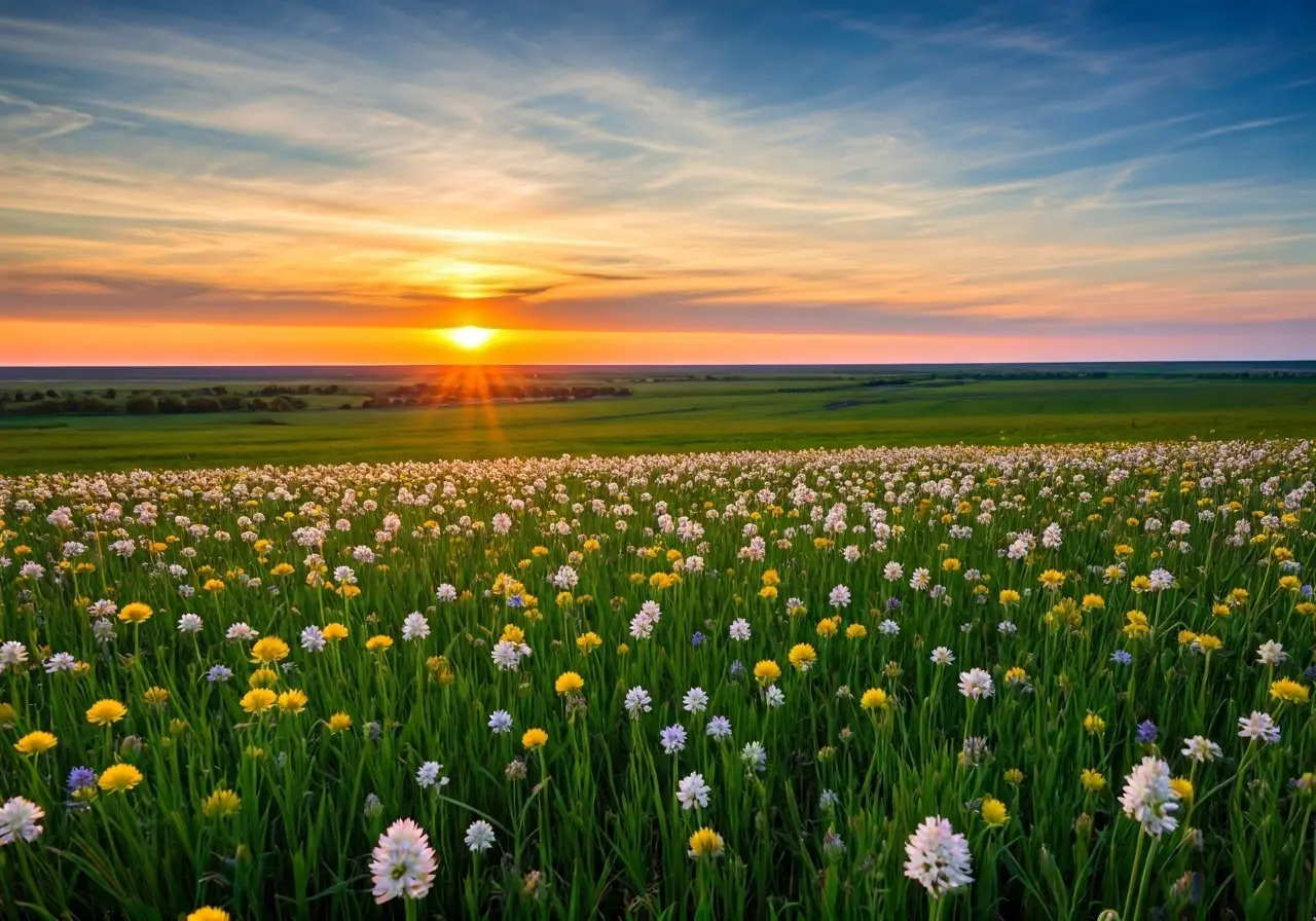 A serene sunset over a flowering meadow in spring. 35mm stock photo