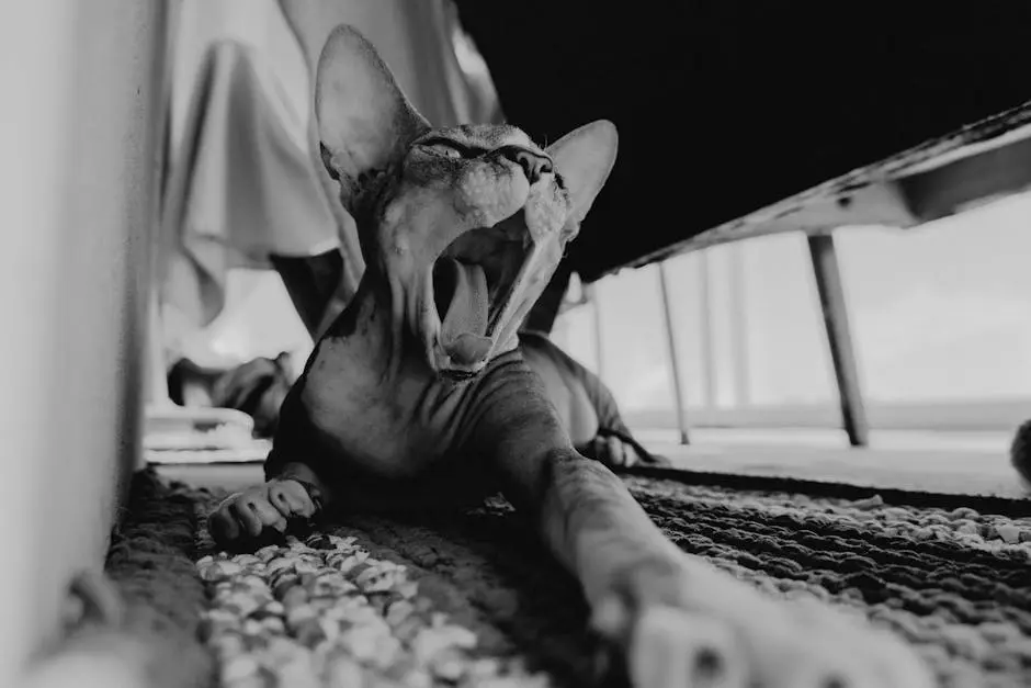 Grayscale Photo of a Cat Lying on the Rug