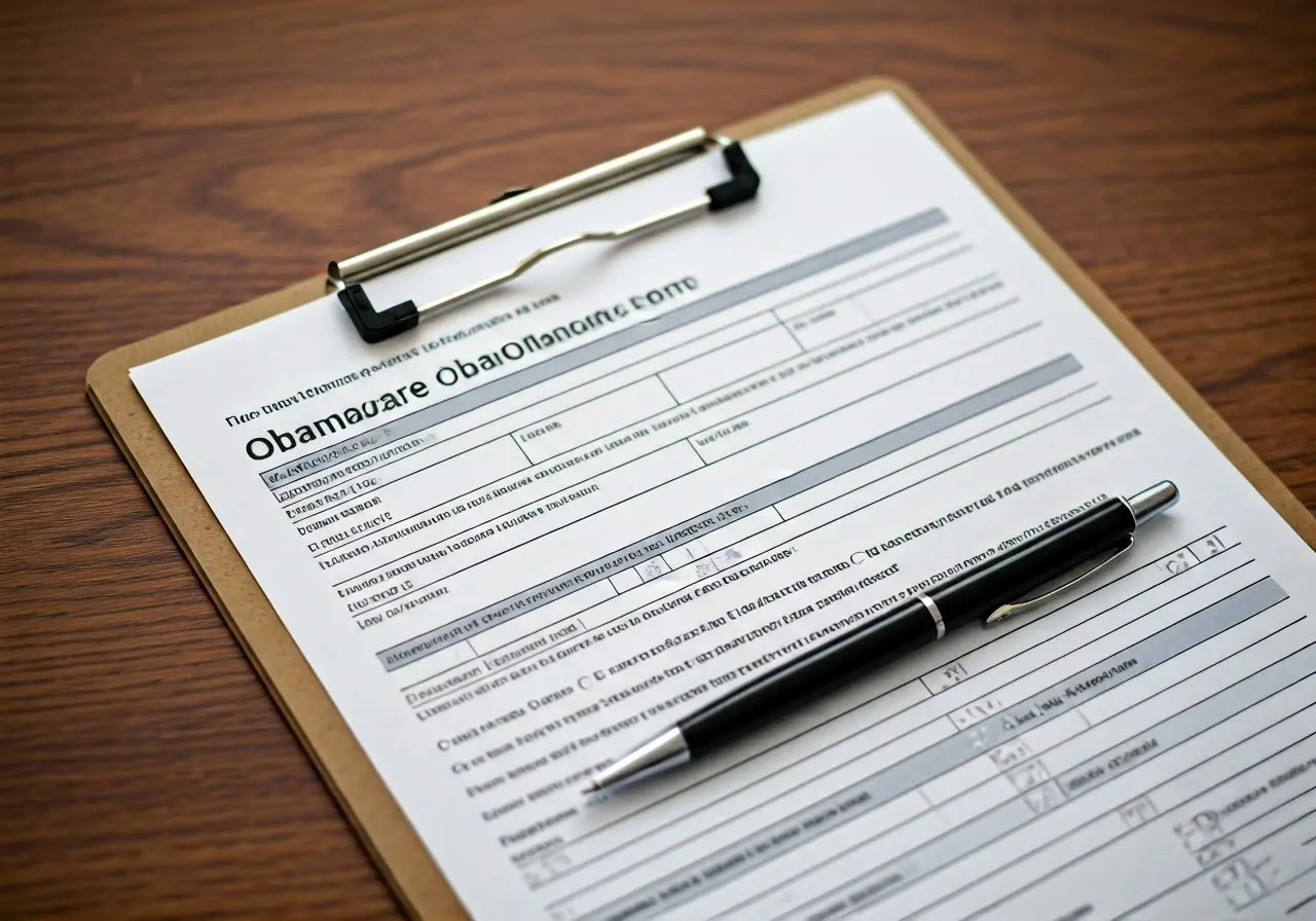 Image of a clipboard with Obamacare forms and a pen. 35mm stock photo