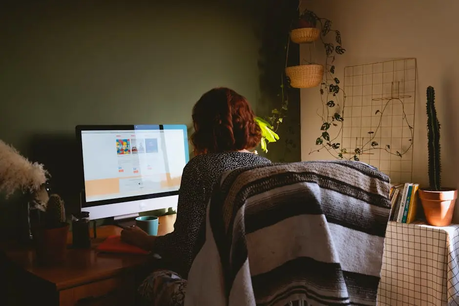 A woman sits at a home office desk with a desktop monitor, emphasizing remote work and modern technology.