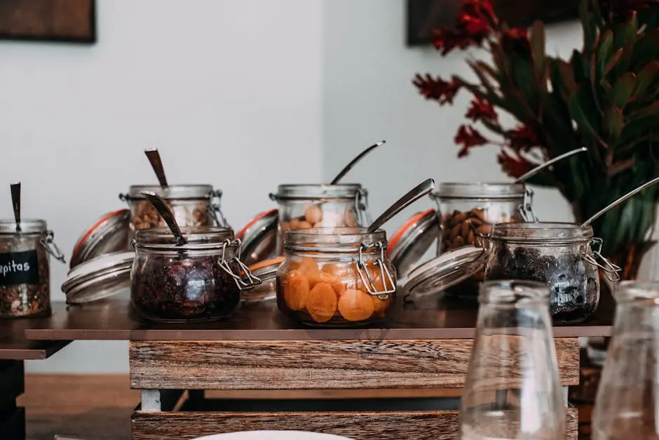 A variety of dried fruits and nuts in glass jars displayed on a wooden surface, perfect for snacks and healthy eating.