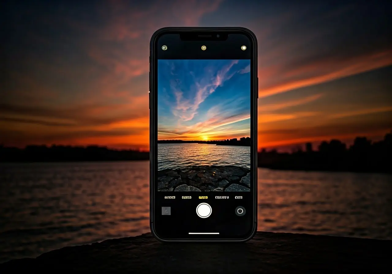 A smartphone capturing a vibrant sunset for Instagram. 35mm stock photo