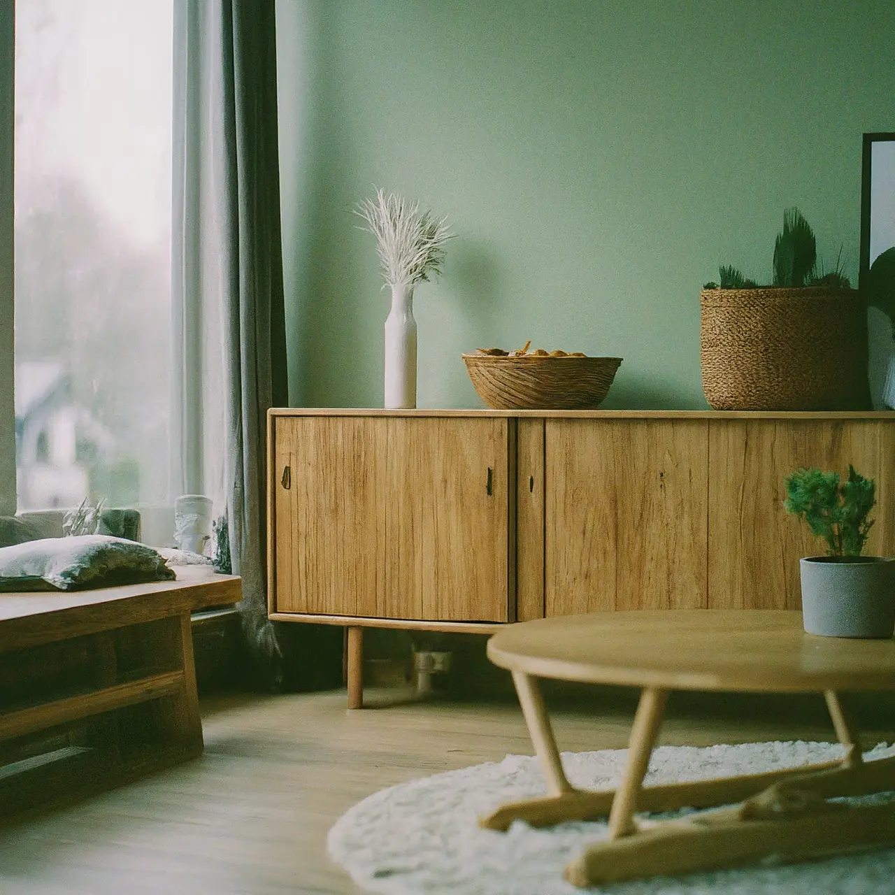 Handcrafted wooden furniture in a stylish, eco-friendly living room. 35mm stock photo