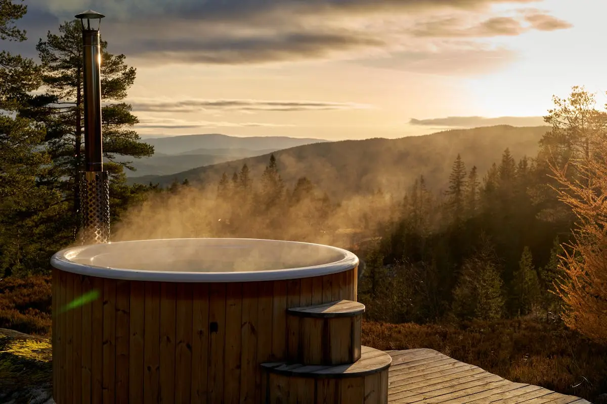 A Hot Tub with a View of a Forest and a Mountain Range