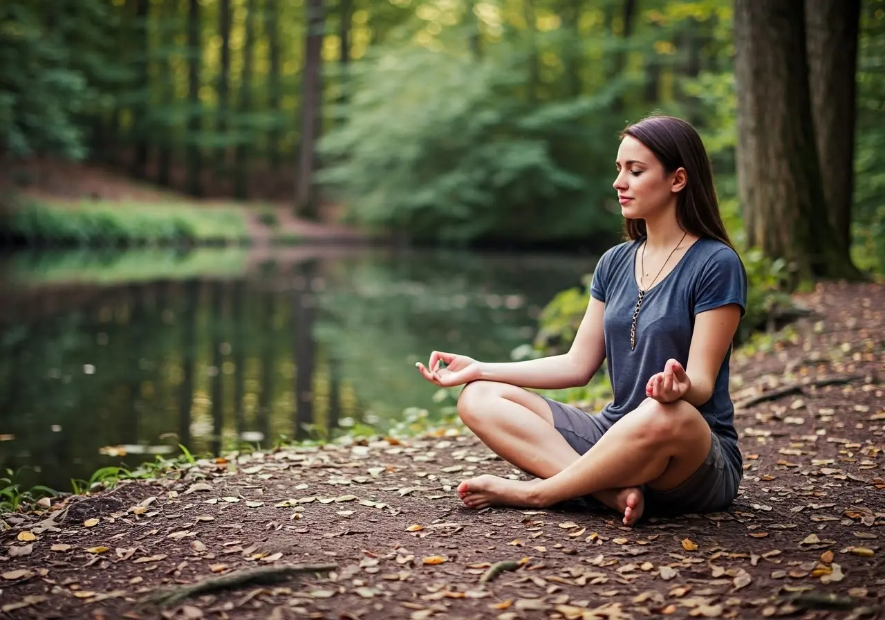 A serene mindfulness meditation scene in a tranquil nature setting. 35mm stock photo