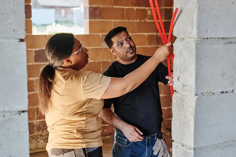 Two construction workers assessing electrical wiring in a brick structure.