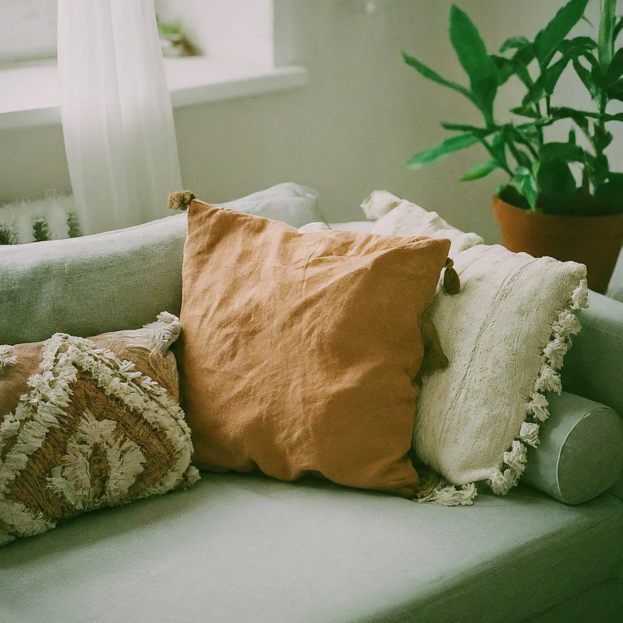 A cozy living room with boho pillow covers on a sofa. 35mm stock photo